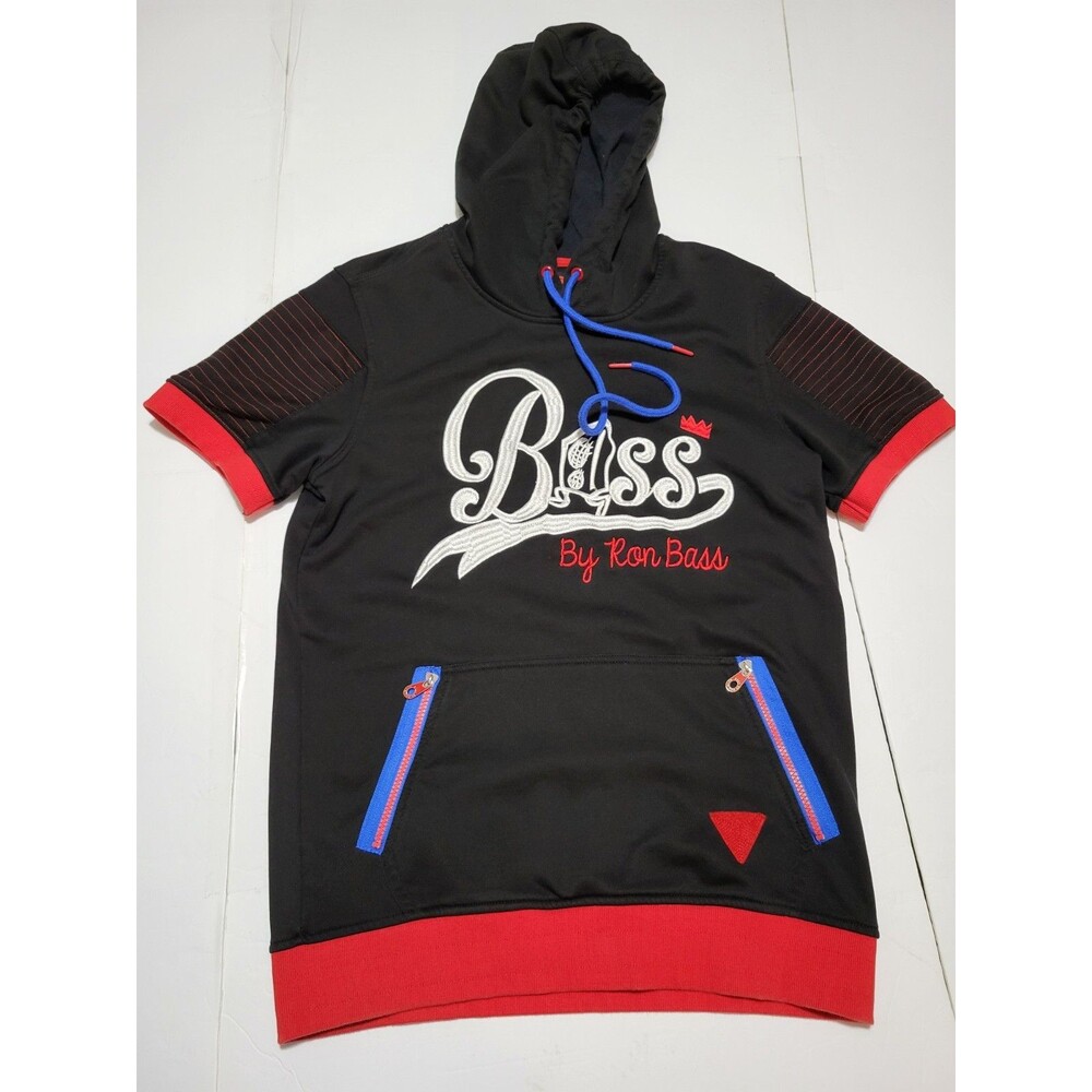 (#18) Bass By Ron Bass Short Sleeve Hoodie Mens SZ Large Black Red Blue